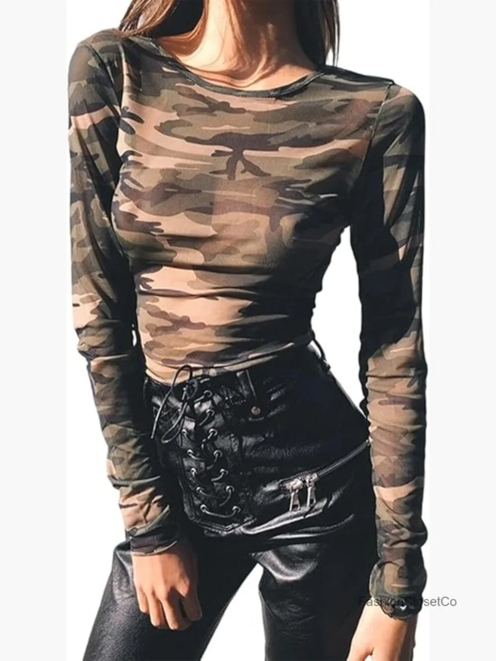 Long Sleeve Crop Top Mesh Sheer See Through Slim Fit Streetwear Tee - Picture 1 of 6